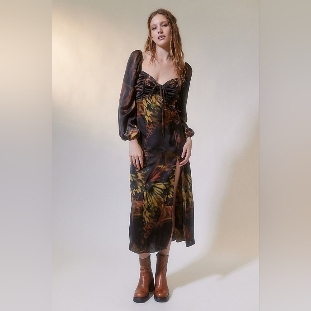 Urban Outfitters Black Floral Midi Dress with Brown and Yellow Print
